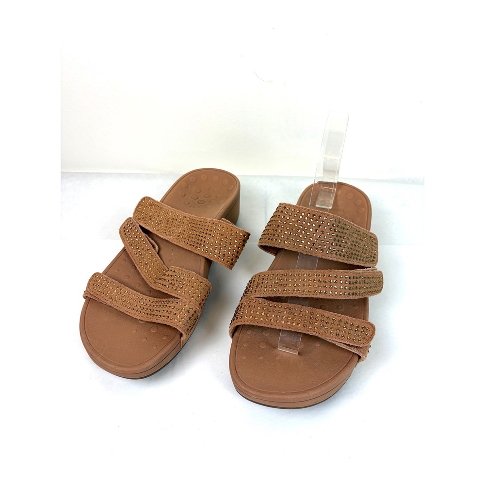 Vionic Pacific Alexis Slide Sandals 9 Tan Rhinestone Suede Orthotic Platform